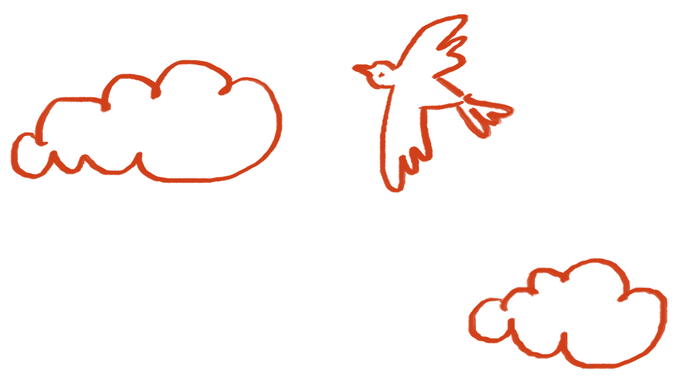 Illustrasjon av skyer og en fugl som symboliserer samarbeid og framtidstro.