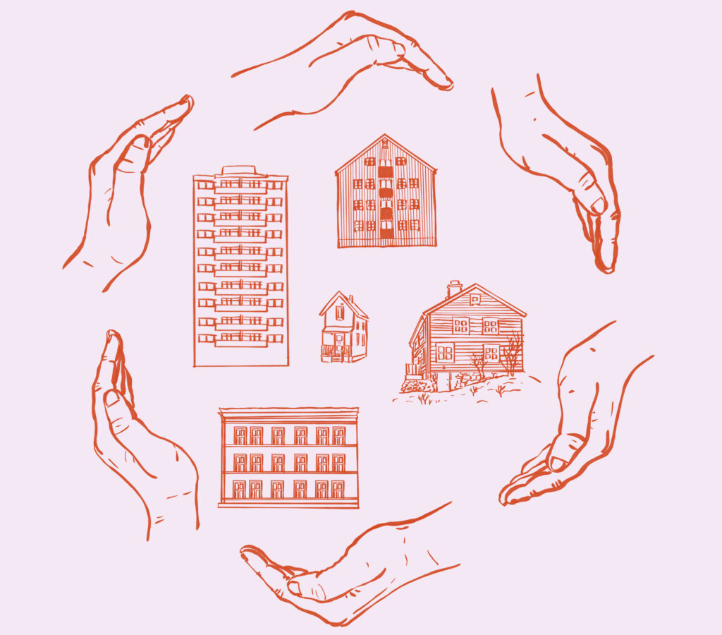 Illustrasjon av hender som omslutter ulike boliger og symboliserer fellesskap og støtte til Boligleieløftet.