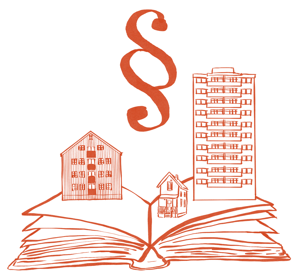 Illustrasjon av en lovbok med ulike boliger som symboliserer behovet for en modernisert boligleielov.