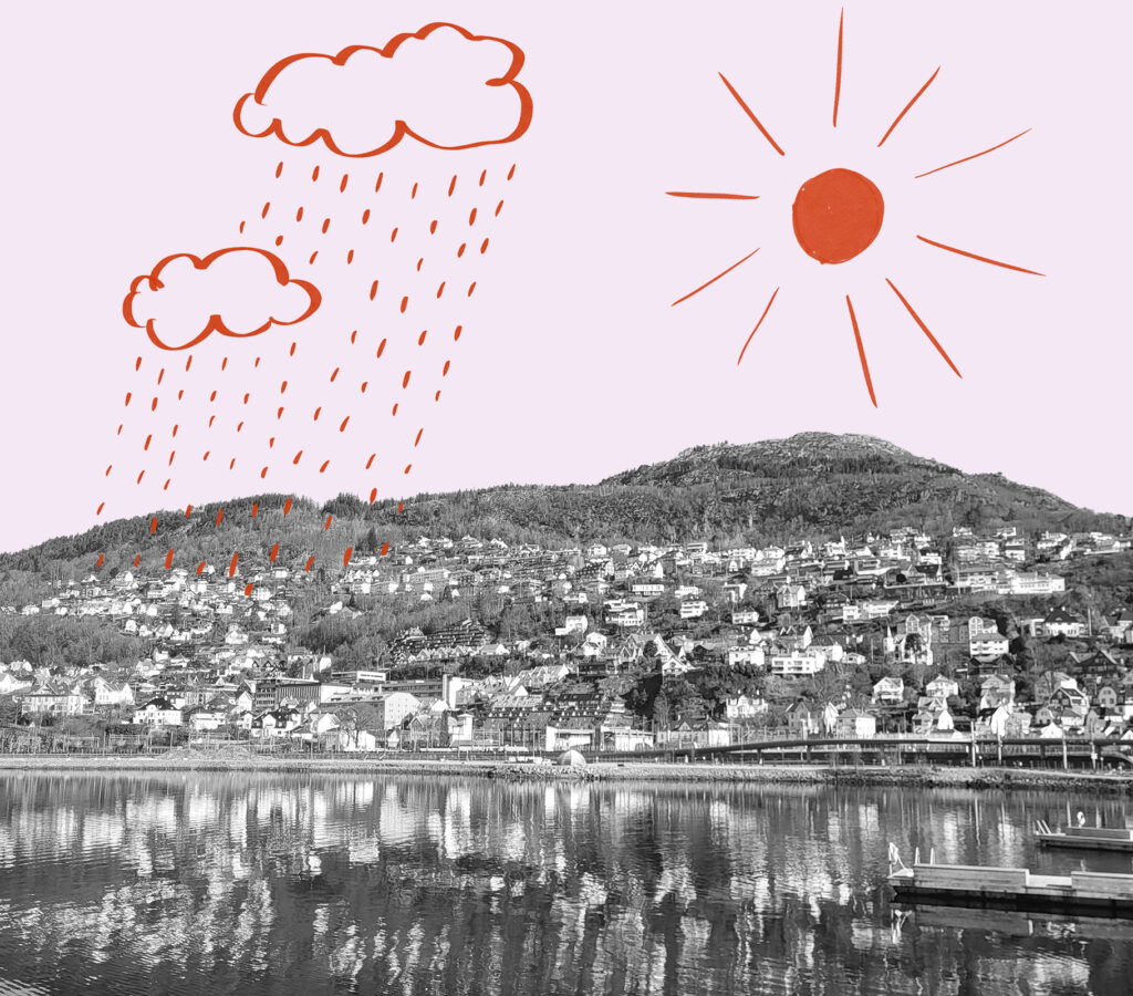 Illustrasjon av regn og sol over et boligområde som symboliserer utfordringer og muligheter i leiemarkedet.